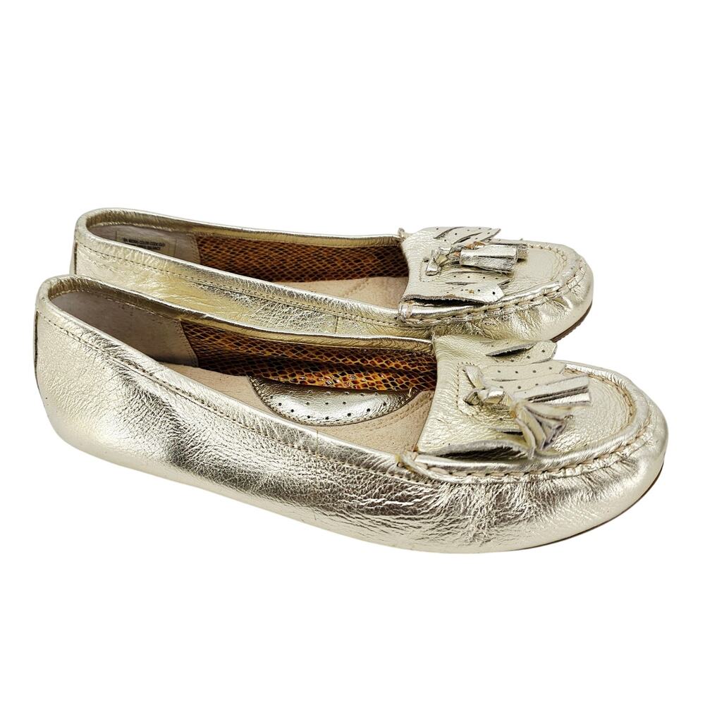 Skechers Metallic Gold Pebbled Tassel Leather Loafer Driving Shoe Women's 8